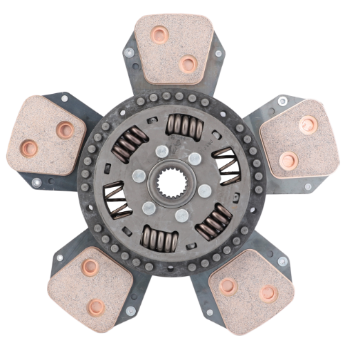 The AGCO Massey Ferguson - Clutch Plate 13 - 3701011M91 features six friction pads and visible center springs, making it a popular choice for manual transmission systems in the Massey Ferguson 300 Series.