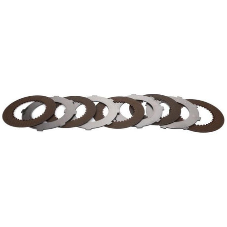 A set of metallic discs with interlocking teeth, similar to the AGCO Massey Ferguson Clutch Plate Kit (model 3811462M91), displayed in an overlapping arrangement.