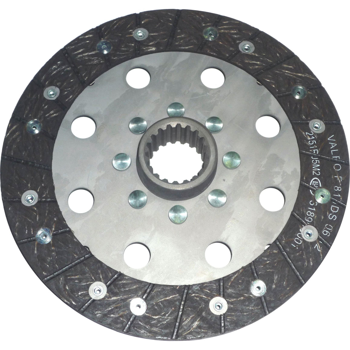 The Sparex Clutch Plate - S.145541 is a metallic clutch disc equipped with a central hub and multiple holes. It features a ridged, textured surface and screw attachments around the circumference. Its lining material enhances durability while the splines ensure a secure fit.