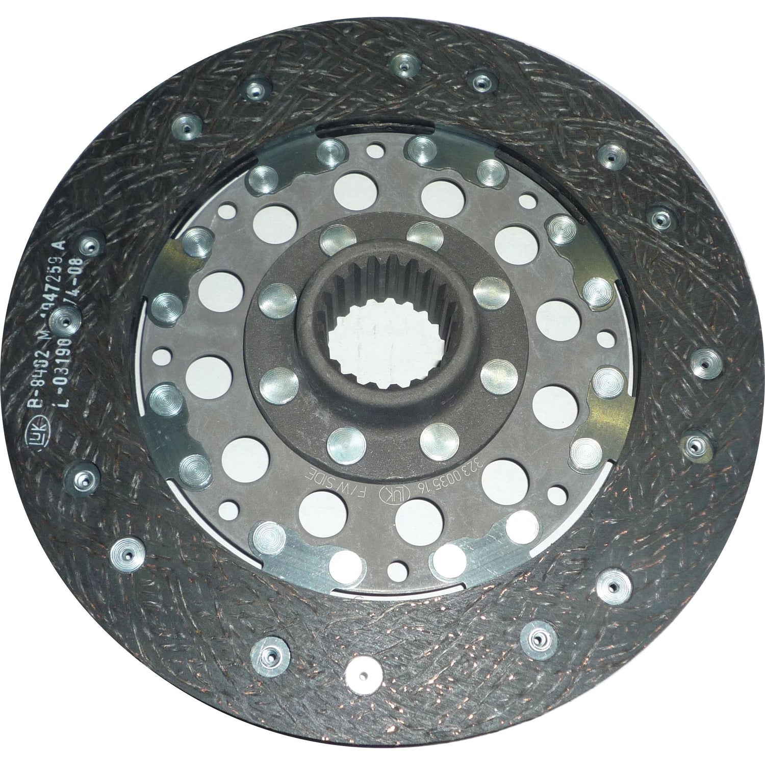 Close-up view of a metal Clutch Plate - S.145547 from Sparex, showcasing a central spline and perforated design, featuring an Organic Lining Material.