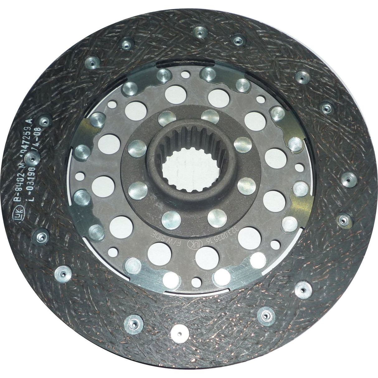 Close-up view of a metal Clutch Plate - S.145547 from Sparex, showcasing a central spline and perforated design, featuring an Organic Lining Material.