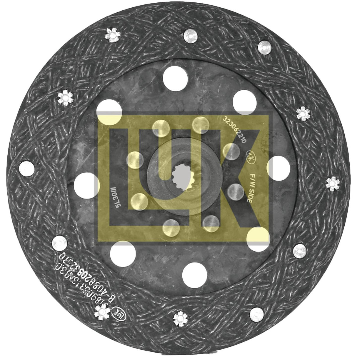 A black circular clutch plate, branded "Sparex" with the product name S.145572, designed with a pattern of grooves and holes and featuring bold yellow text "LUK" across the center. This disc is compatible with the Deutz-Fahr AGROKID 230 and measures 225mm in size, offering an organic lining material for optimal performance.