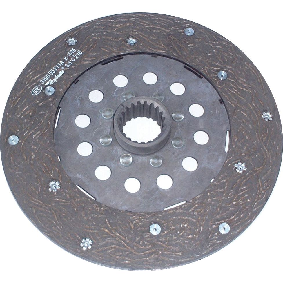The Clutch Plate - S.145612 by Sparex is a rigid disc with an organic lining, featuring multiple holes and a 250mm central spline for engagement in a mechanical system.