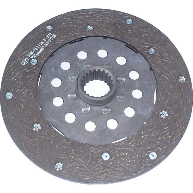 The Clutch Plate - S.145612 by Sparex is a rigid disc with an organic lining, featuring multiple holes and a 250mm central spline for engagement in a mechanical system.
