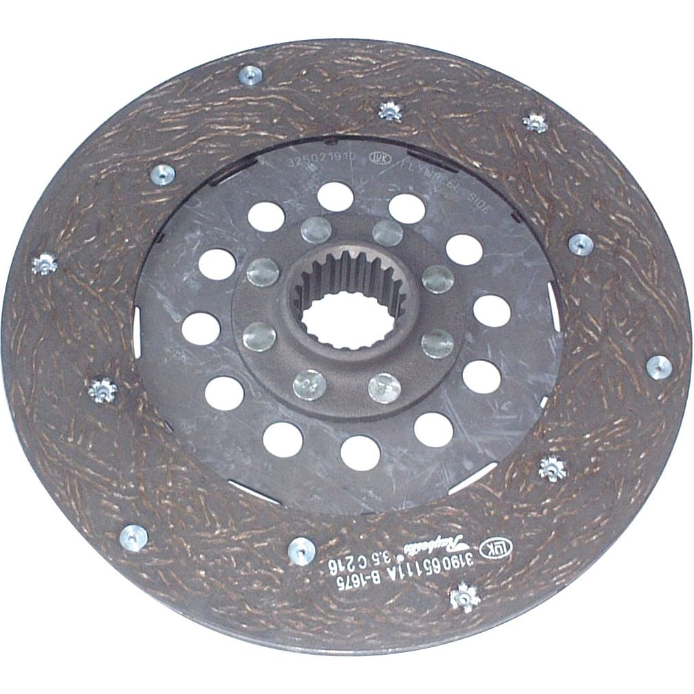 The Sparex Clutch Plate - S.145612, characterized by its round shape, brown color, organic lining, and a series of holes and metal components, is displayed against a white background.