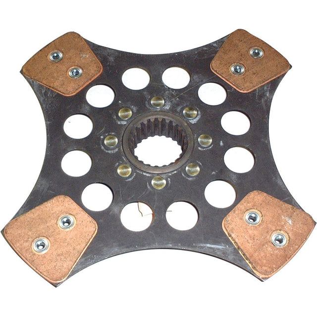 The Sparex Clutch Plate (S.145623) is a high-performance component featuring four copper friction pads and a central spline, along with multiple circular holes. Designed for Case IH International Harvester machinery, it boasts a disc size of 280mm and is equipped with advanced Cerametallic Lining.