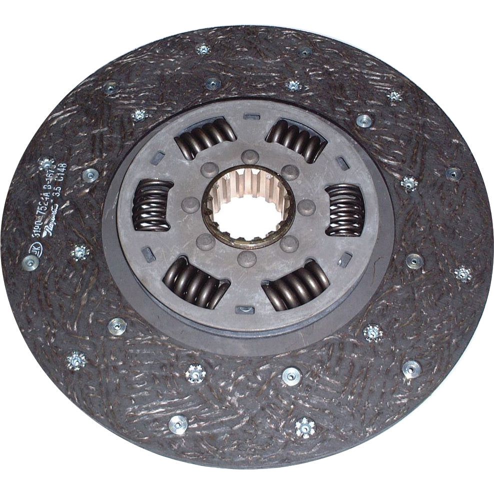 A close-up image of the Clutch Plate - S.145630 from Sparex, featuring metal springs and a central splined hub surrounded by a textured, organic lining material.