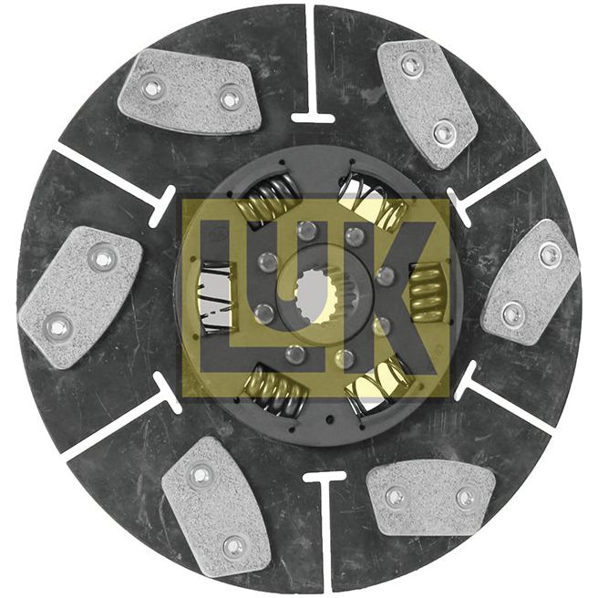 Image of a torsion sprung clutch disc from the brand Sparex, featuring six cerametallic friction plates and springs arranged around the center, listed as Clutch Plate | Sparex Part No.S.145631.