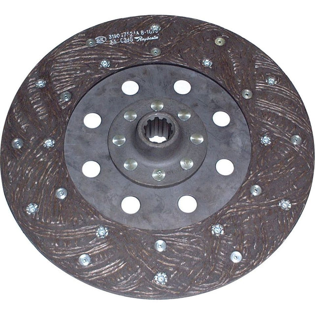 The Clutch Plate - S.145635 by Sparex is a metal disc with a central hub incorporating splines, encircled by friction lining material arranged in an intricate pattern. It features multiple circular holes, evenly spaced near the hub and along the outer edge, ensuring optimal performance.