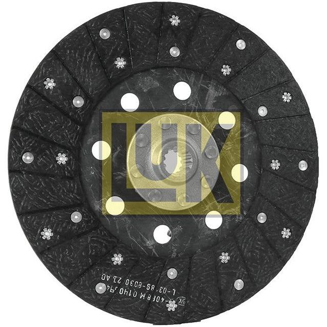 A textured metal clutch plate, model S.145686 from Sparex, featuring multiple holes and splines as well as protruding rivets, with the "LUK" logo printed in yellow letters.