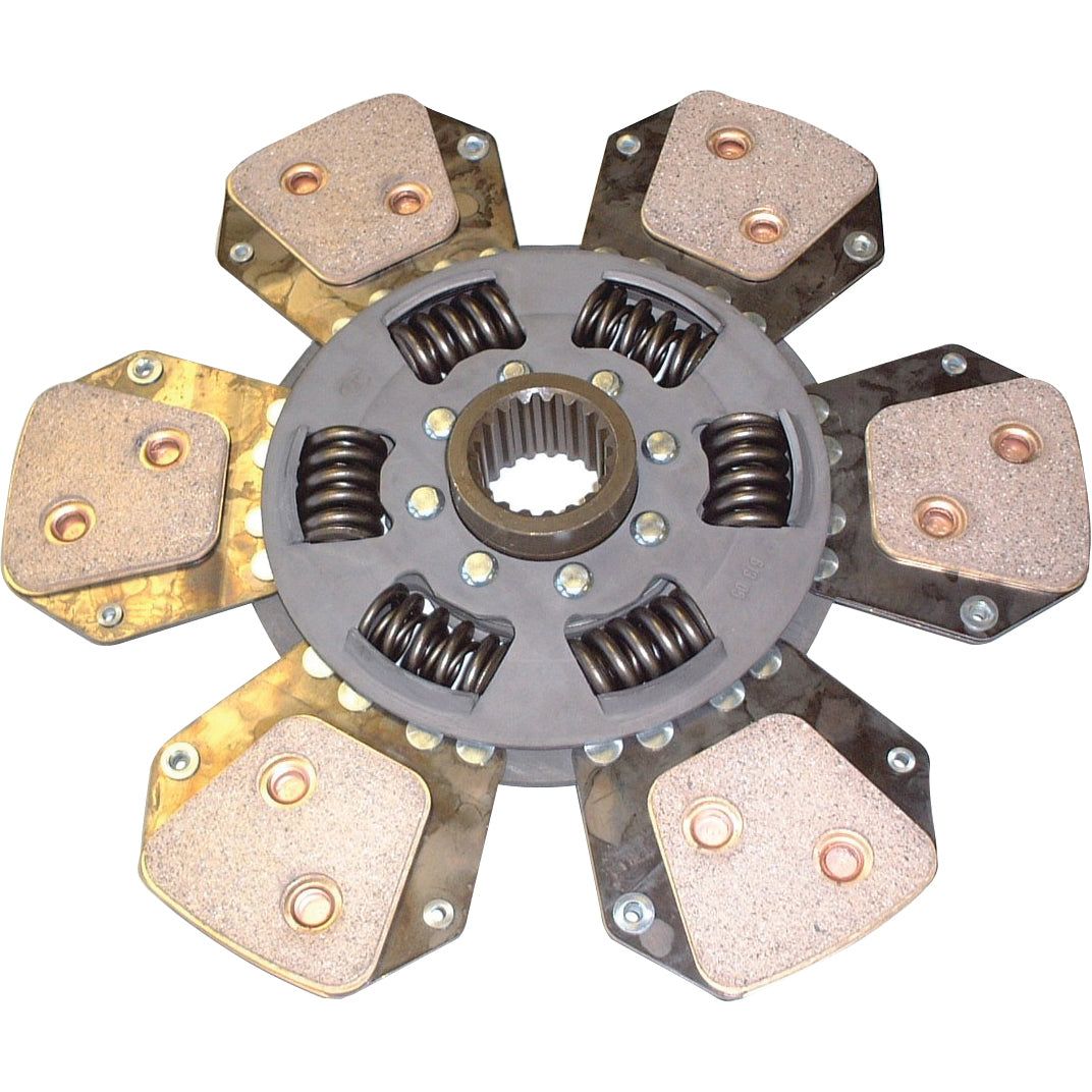 A Clutch Plate - S.145706 by Sparex with a cerametallic disc, center hub featuring torsion sprung springs, and six friction pads arranged in a radial pattern.