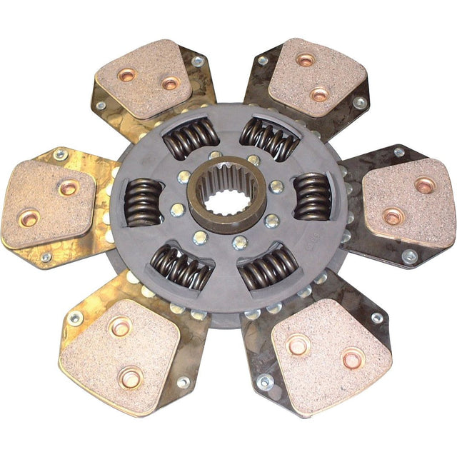 A Clutch Plate - S.145706 by Sparex with a cerametallic disc, center hub featuring torsion sprung springs, and six friction pads arranged in a radial pattern.