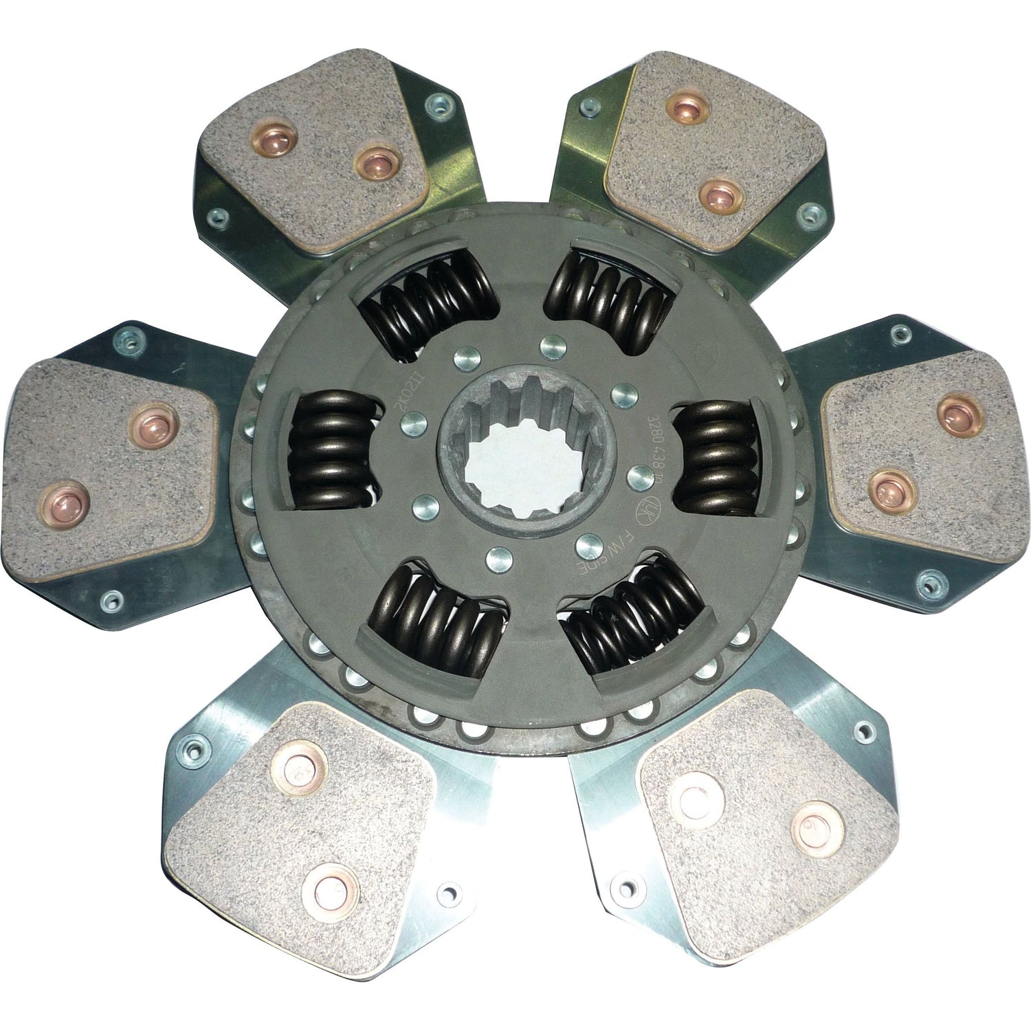 The Sparex Clutch Plate - S.145717 is a cerametallic automotive clutch disc that features six torsion sprung metal arms and friction pads arranged around a central hub.