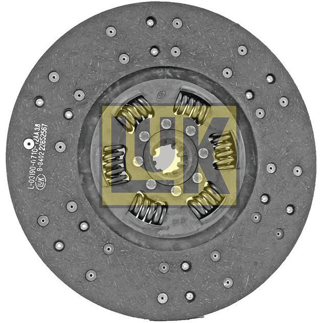 A circular automotive clutch plate, model S.145763 by Sparex, showcases visible springs and friction material with a distinct yellow "LUK" logo at its center, including detailed information about the splines.