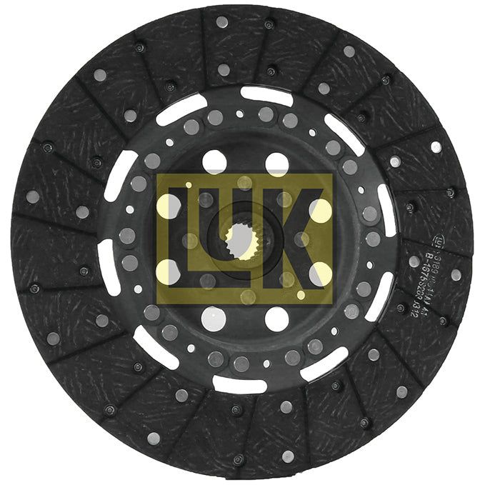 Close-up image of a black automotive clutch disc with a yellow "LUK" logo at the center. The Clutch Plate - S.145779 from Sparex, compatible with Massey Ferguson 230, features several holes and grooves for functionality and is made from organic lining material.