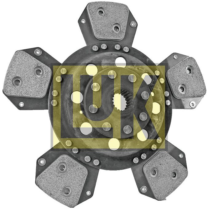 A metal clutch plate, model S.145828 by Sparex, with five protruding segments and hexagonal friction pads, featuring sturdy splines, viewed against a white background with a partially visible "LuK" logo overlay.