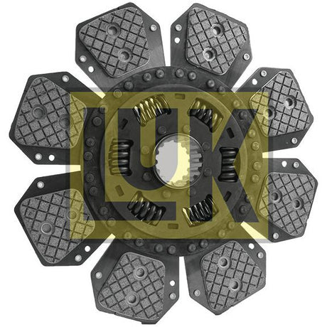 Close-up image of a mechanical component, featuring a circular assembly with triangular metallic segments and visible springs. The Torsion Sprung design ensures optimal performance. A large, translucent yellow "Sparex" logo is overlaid in the center, highlighting the Clutch Plate - S.145840.
