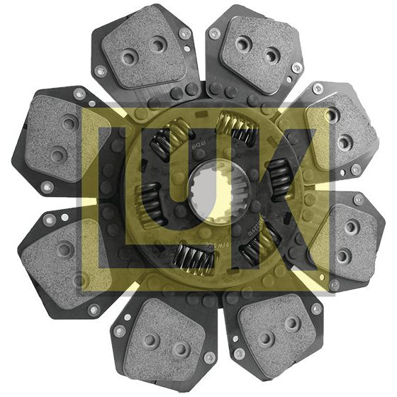 The Clutch Plate - S.145840 by Sparex is a mechanical component designed with six textured, angular plates arranged in a circular pattern, featuring springs and bolts. The word "LUX" is prominently overlaid in yellow. Enhanced with torsion-sprung mechanics and cerametallic lining for durability, this component offers superior performance.