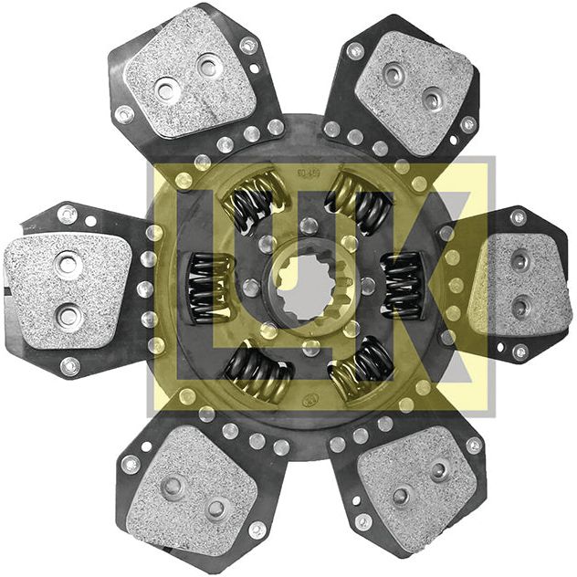 The Sparex Clutch Plate - S.145864 is a 310mm metallic automotive component featuring a hexagonal arrangement and spring mechanisms. It includes a cerametallic lining with multiple friction pads, as well as a central hub. The product is visually set against a background with "LUK" in yellow.
