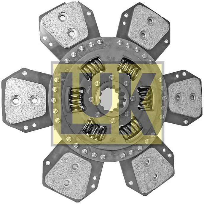 The Sparex Clutch Plate - S.145864, designed specifically for Massey Ferguson tractors, features six friction pads with metallic components and visible center springs. It also includes a cerametallic lining for enhanced durability.