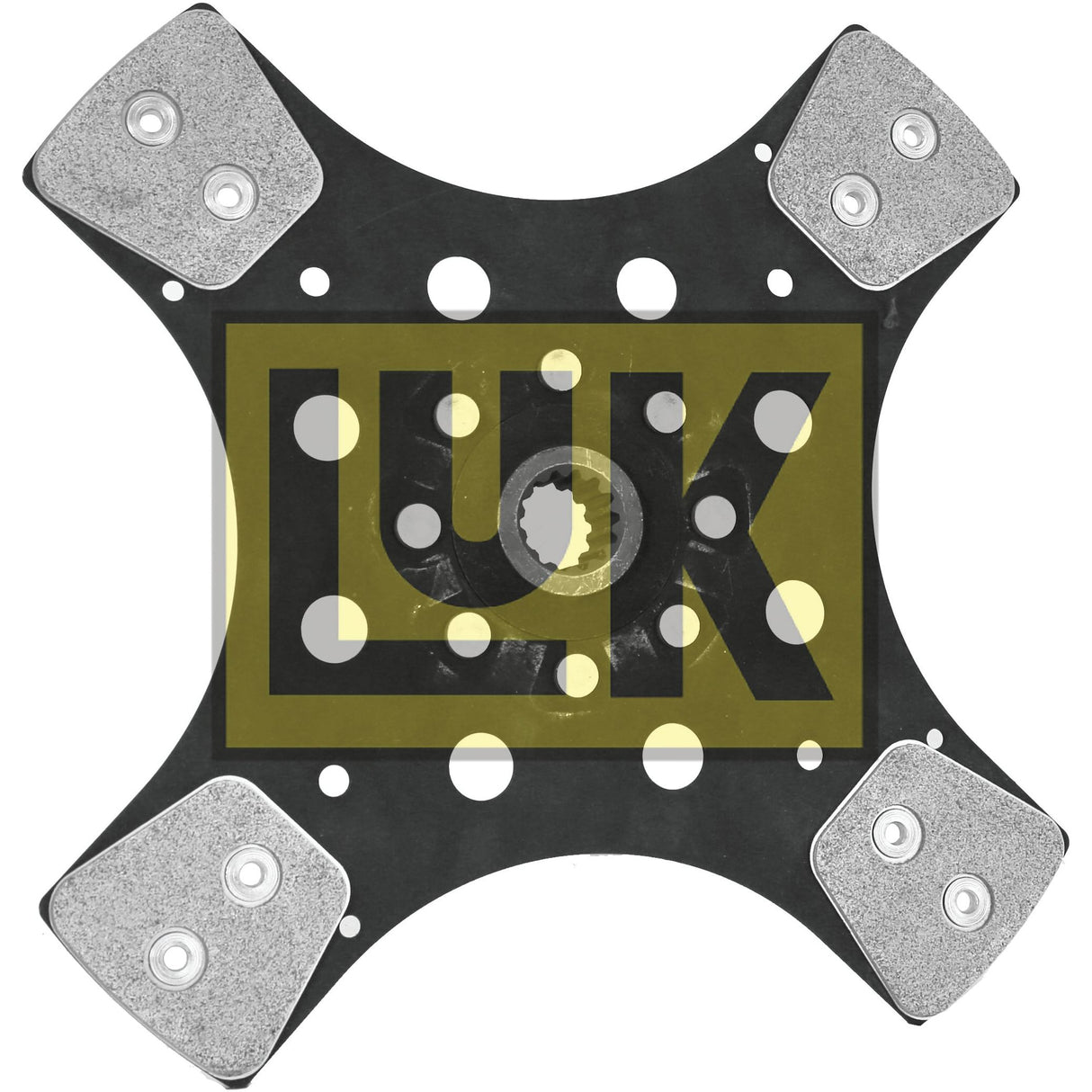 A Sparex Clutch Plate - S.145868 automotive component with the LUK logo. The rigid unit features a central spline, multiple mounting holes, and four friction pads on each corner.