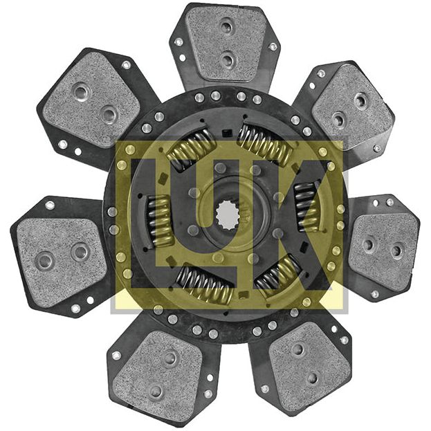 The Clutch Plate - S.145891 by Sparex is a metal automotive clutch disc with a segmented design and eight friction pads. It features visible springs, central spline teeth, and is overlaid with a yellow "LUK" logo. Its torsion-sprung mechanism ensures smooth operation, making it an ideal choice for high-performance vehicles.