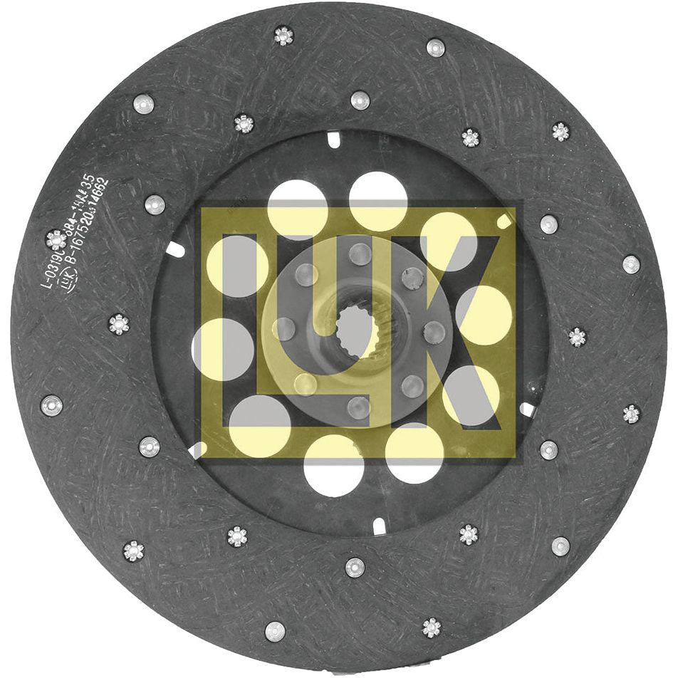 A round, black clutch disc with wear patterns and a central hub proudly displaying the "Sparex" logo in large yellow letters. The Rigid Type disc, made with organic lining material, measures 330mm in size. Small metal rivets are visible around the outer edge. This is the Clutch Plate - S.145899 model.