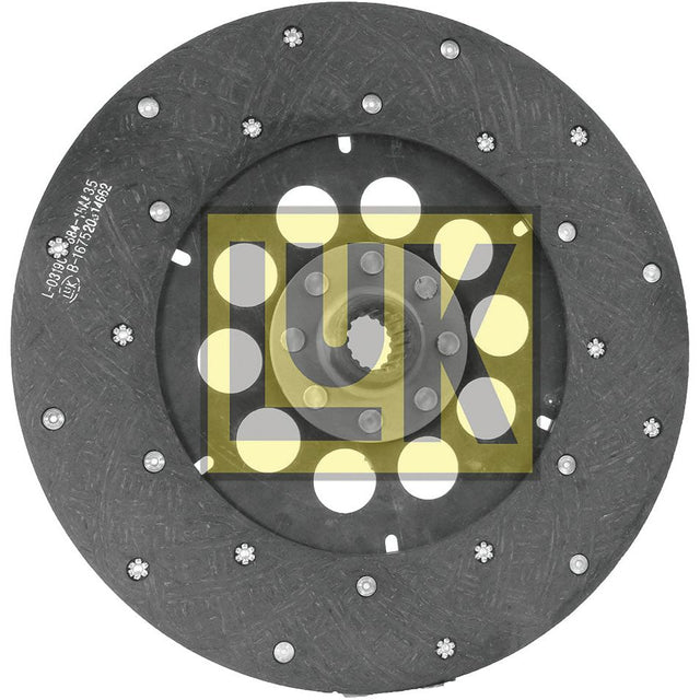 A round, black clutch disc with wear patterns and a central hub proudly displaying the "Sparex" logo in large yellow letters. The Rigid Type disc, made with organic lining material, measures 330mm in size. Small metal rivets are visible around the outer edge. This is the Clutch Plate - S.145899 model.