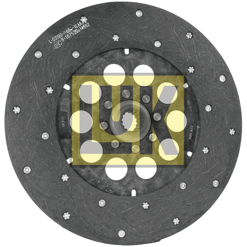 The Clutch Plate - S.145899 by Sparex is a round automotive clutch plate with a textured surface and multiple rivets around the inner circle. Featuring a yellow "LUK" logo on a transparent background, this rigid type model boasts an organic lining material for optimal performance and a disc size of 330mm.