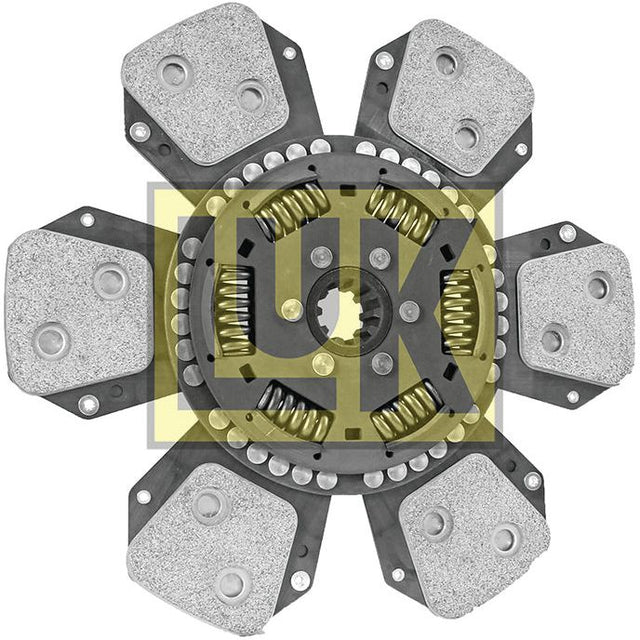 Close-up view of the Clutch Plate - S.145903 by Sparex, featuring visible torsion springs and friction pads. A logo with the letters "LUK" is superimposed over the center.