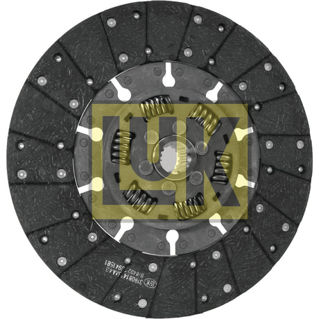 A black Clutch Plate - S.145913 by Sparex, featuring a central hub and numerous friction pads, complete with torsion sprung mechanisms for smoother operation.