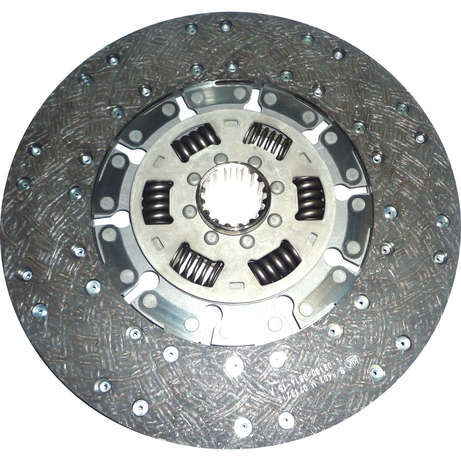 A close-up image of the Sparex Clutch Plate - S.145924 reveals a textured friction surface and a metallic center containing spring mechanisms. This high-quality component is John Deere compatible, ensuring reliable performance for your vehicle.