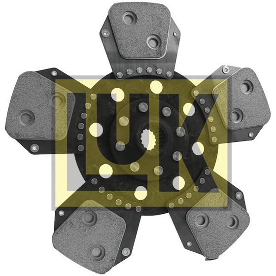 A Clutch Plate - S.145937 by Sparex, featuring a six-paddle cerametallic disc with metallic components and friction material on each paddle, showcases a black and gray color scheme accented by a yellow "LUK" logo in the background to ensure durability and performance.