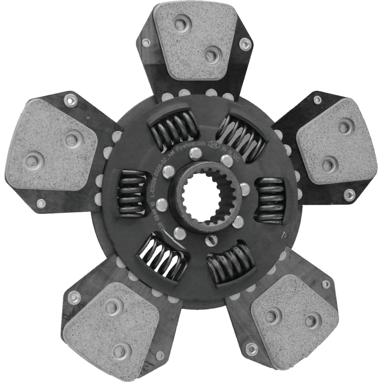 A mechanical component with six symmetrical arms, each equipped with grey friction pads and visible springs, likely part of the Sparex Clutch Plate - S.162663 assembly.