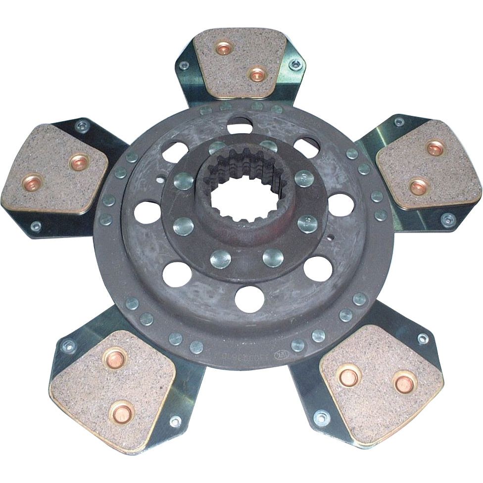 A close-up of the Sparex Clutch Plate - S.19567, showcasing a central hub encircled by five metal paddles with cerametallic friction material pads on a 305 mm disc.