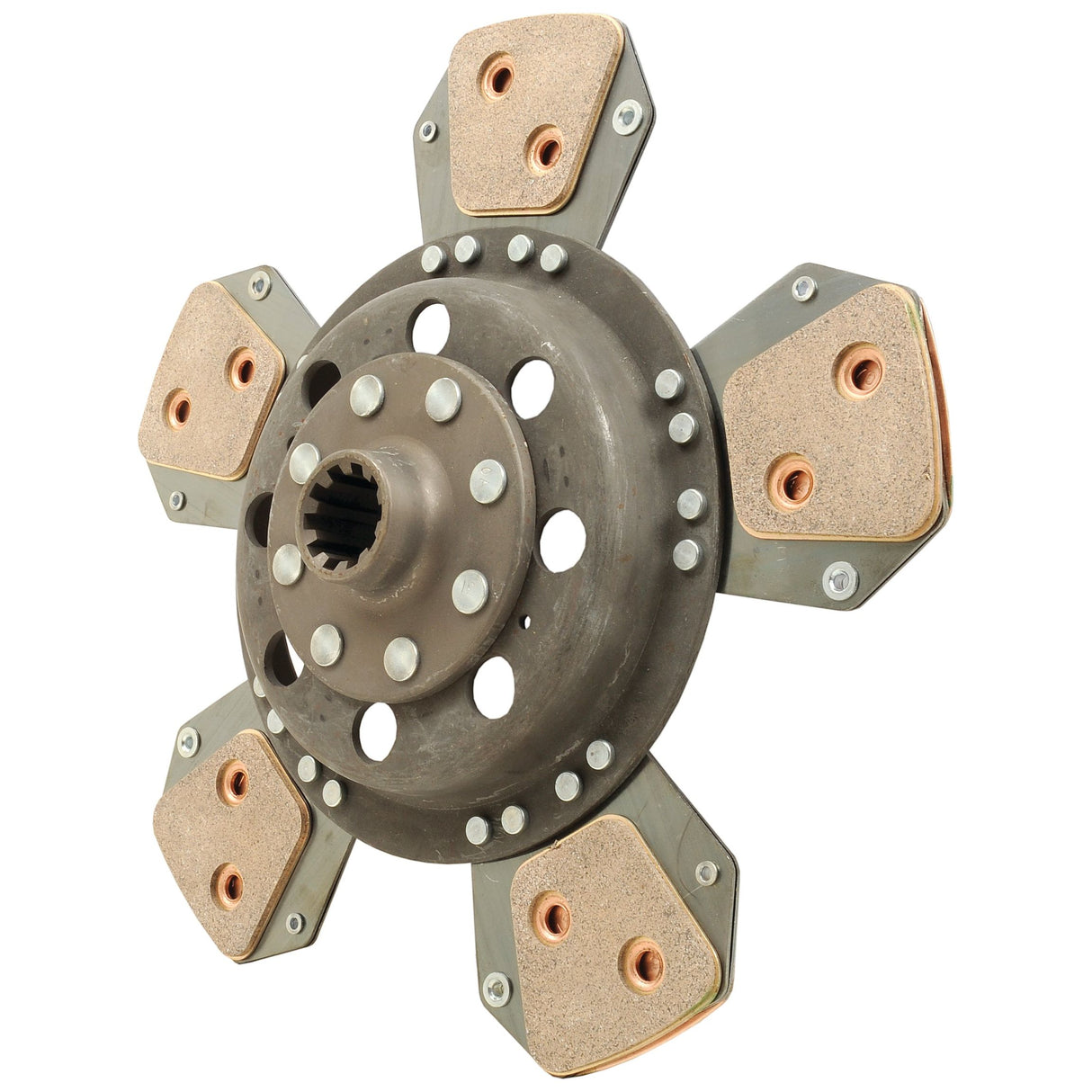 A Sparex Clutch Plate - S.19575, a metallic mechanical component featuring six protruding arms, each adorned with triangular pads resembling a clutch disc, and equipped with specialized lining material for enhanced durability.