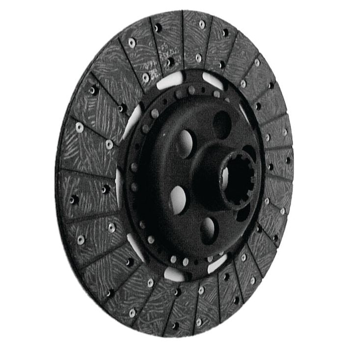 A black automotive clutch disc with a patterned surface and multiple bolt holes around the center, precisely engineered to disc size specifications by Sparex, the Clutch Plate - S.19649.