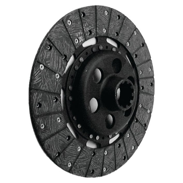 A black automotive clutch disc with a patterned surface and multiple bolt holes around the center, precisely engineered to disc size specifications by Sparex, the Clutch Plate - S.19649.
