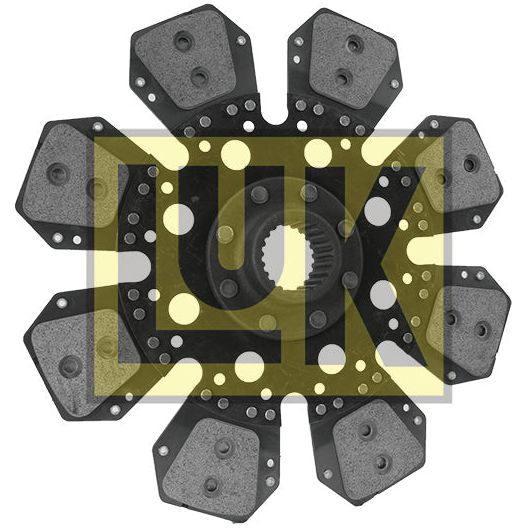 The Clutch Plate - S.19676 from Sparex, featuring a multi-pad design with a 350mm disc and Cerametallic lining, is displayed against a white background with a yellow "luk" logo overlay.