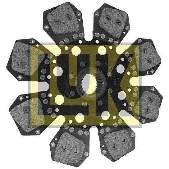 A mechanical part with a circular arrangement of eight dark gray angular pads around a central gear-like hub. Branded with Sparex, it features a 350mm disc and Cerametallic lining for enhanced durability. This product is known as the Clutch Plate - S.19676.