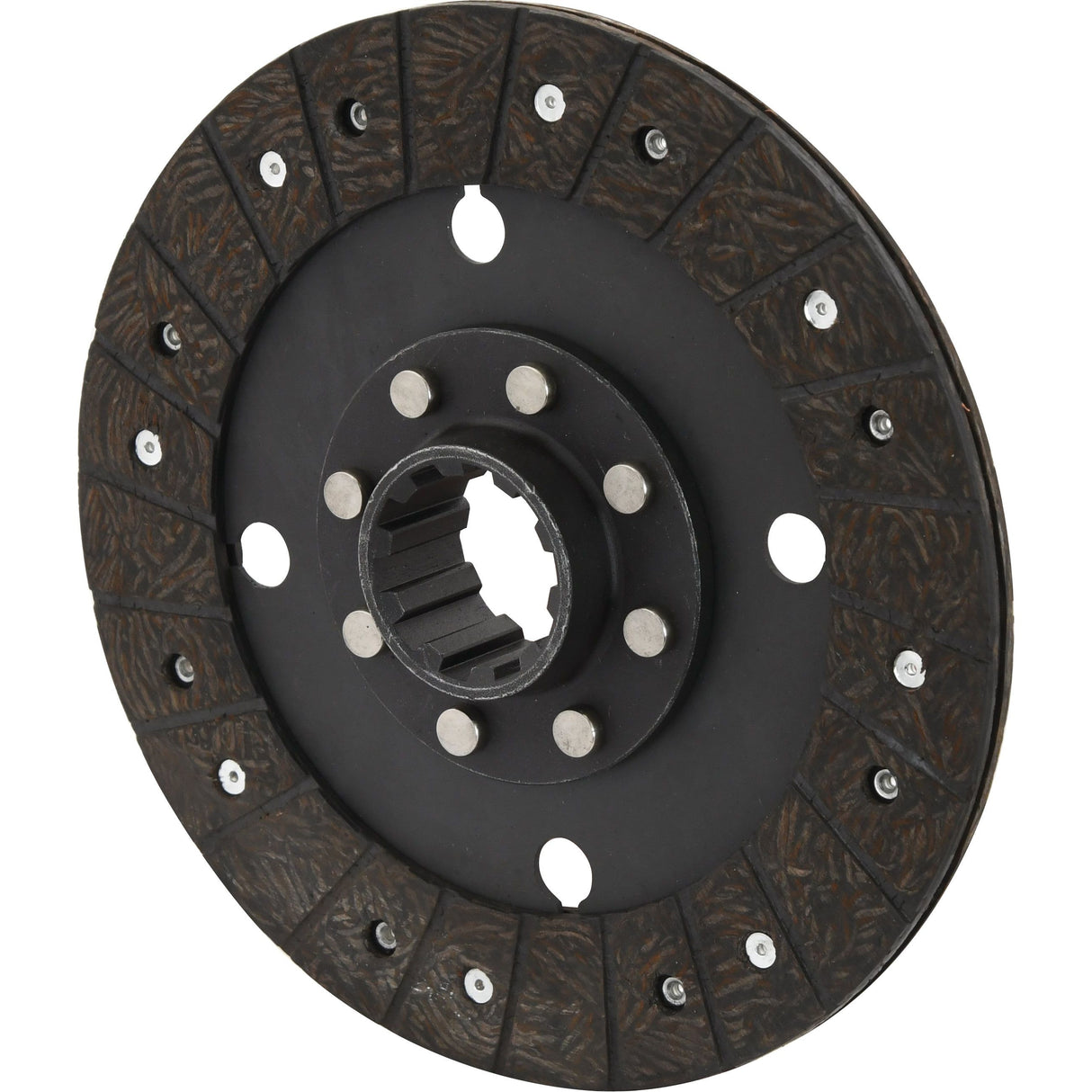 The Clutch Plate - S.40712 from Sparex is a black clutch disc with a series of evenly spaced holes and raised segments arranged in a circular pattern, featuring an Organic Lining Material for enhanced durability.
