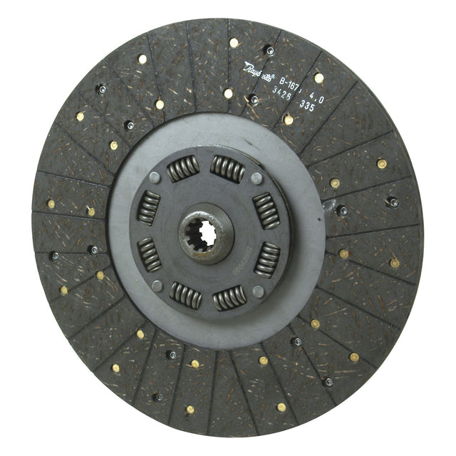Close-up of the Sparex Clutch Plate - S.60229, a torsion damped circular clutch disc with a metallic center and a friction material surface. The disc, featuring springs and rivets around the central hub, boasts impressive technical specifications.