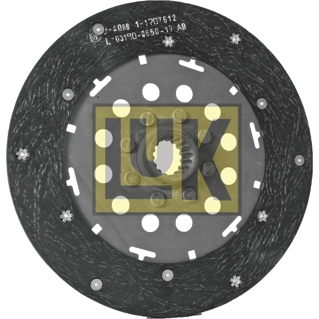 The "Clutch Plate - S.61260" by Sparex is a circular automotive component featuring a metal center and an outer band, adorned with numerous small holes evenly spaced around the center to accommodate splines for optimal performance. The part is distinguished by its "LUK" logo in yellow and black.