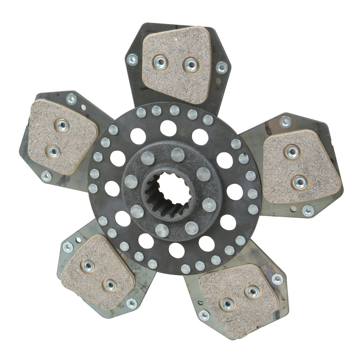An image of the Clutch Plate - S.62186 by Sparex, showcasing a metal automotive clutch plate with a five-paddle design, featuring friction material pucks and a circular arrangement of rivets, designed to fit Sparex specifications with a disc size of 280mm and 14 splines.