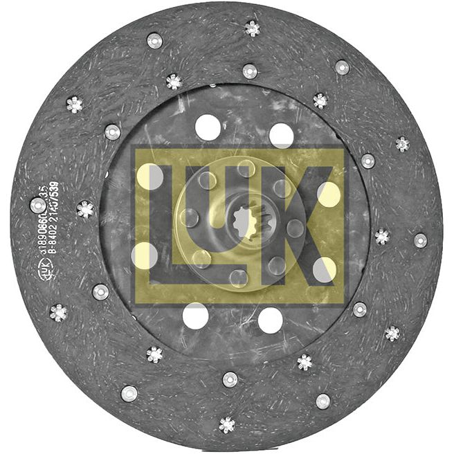 Image of a 280mm Sparex Clutch Plate - S.70589 with the Sparex logo in the center. The clutch plate, featuring multiple holes and rivets, is designed for automotive use and boasts an organic lining for enhanced performance.