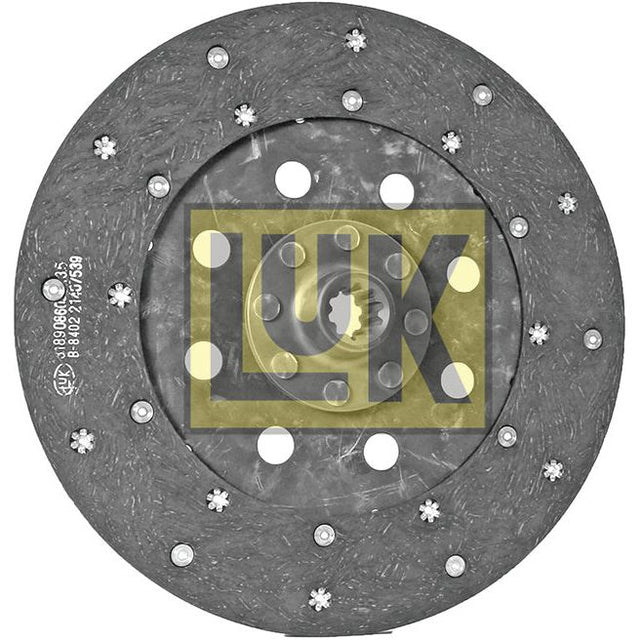 Image of a 280mm Sparex Clutch Plate - S.70589 with the Sparex logo in the center. The clutch plate, featuring multiple holes and rivets, is designed for automotive use and boasts an organic lining for enhanced performance.
