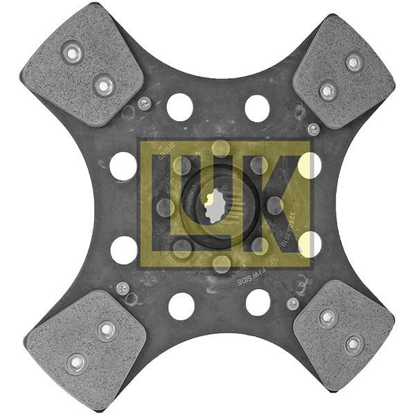 The Clutch Plate - S.72585 from Sparex features a durable metallic construction with a central spline and four friction pads, each securely fastened by rivets. The backdrop is adorned with the LUK logo in yellow and black, emphasizing the superior quality of the lining material used.