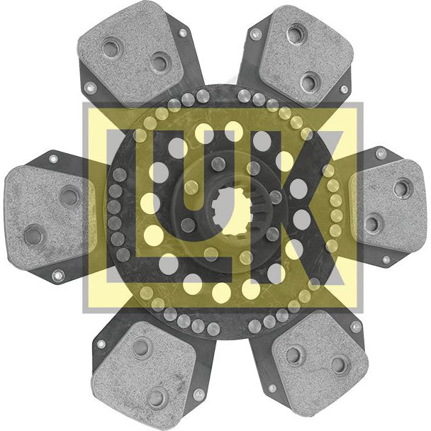 Close-up of a Sparex branded clutch plate (S.72589), featuring six metallic pads arranged in a circular pattern, with drilled holes and a central spline hub that showcases the precision of Sparex's engineering.
