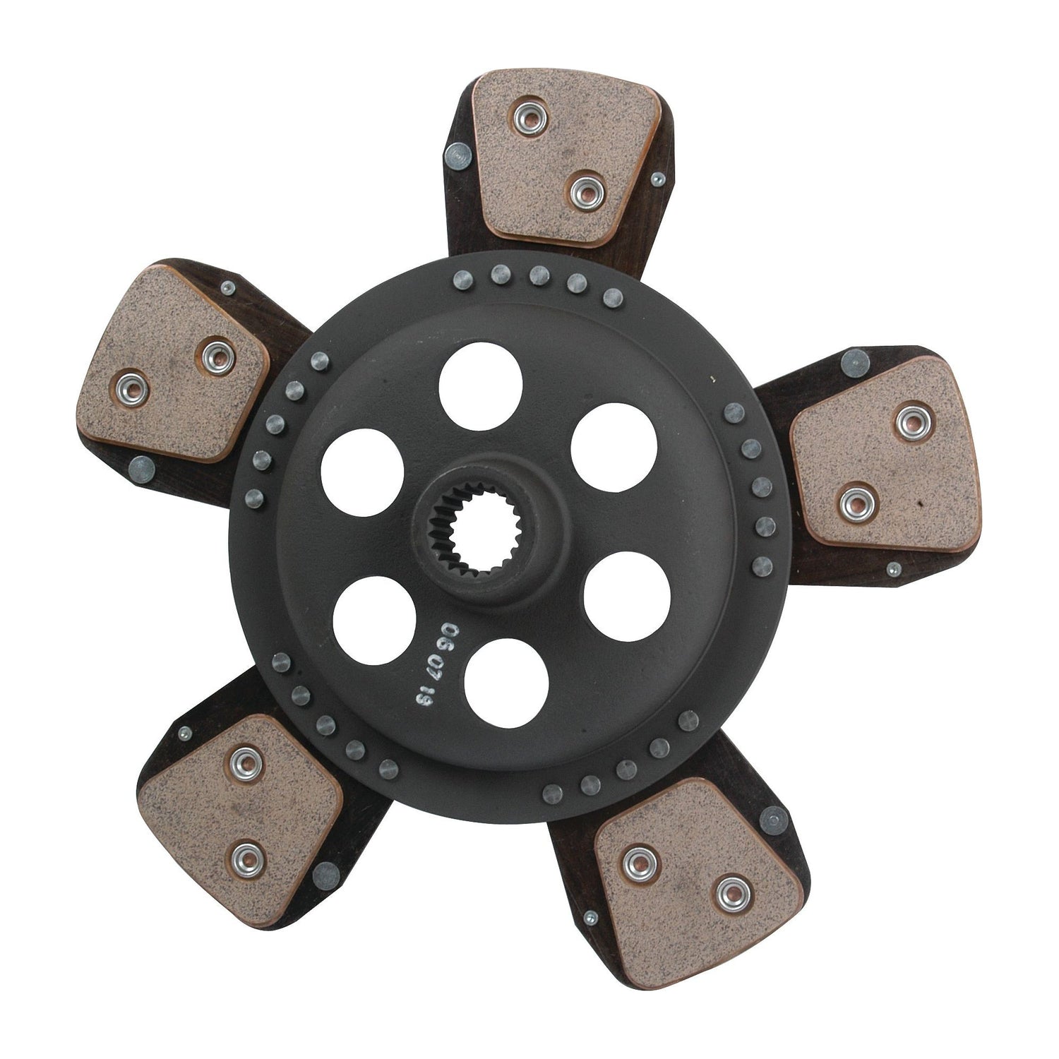 The Clutch Plate - S.73032 by Sparex is a six-puck clutch disc featuring a black metallic center with multiple circular holes, torsion damped for smoother operation, and five friction pads evenly attached.