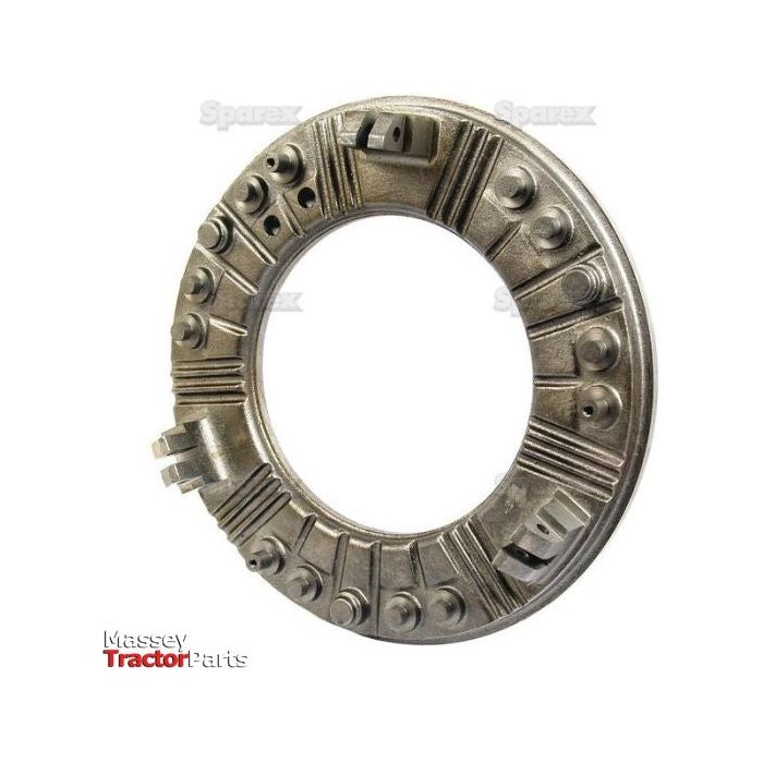 Clutch Pressure Plate with notches and bolt placements, used in mechanical assemblies, labeled "Massey Tractor Parts." Perfect for those seeking high-quality Sparex components such as the Clutch Pressure Plate (Sparex Part No. S.19561) for their Massey Ferguson tractor.